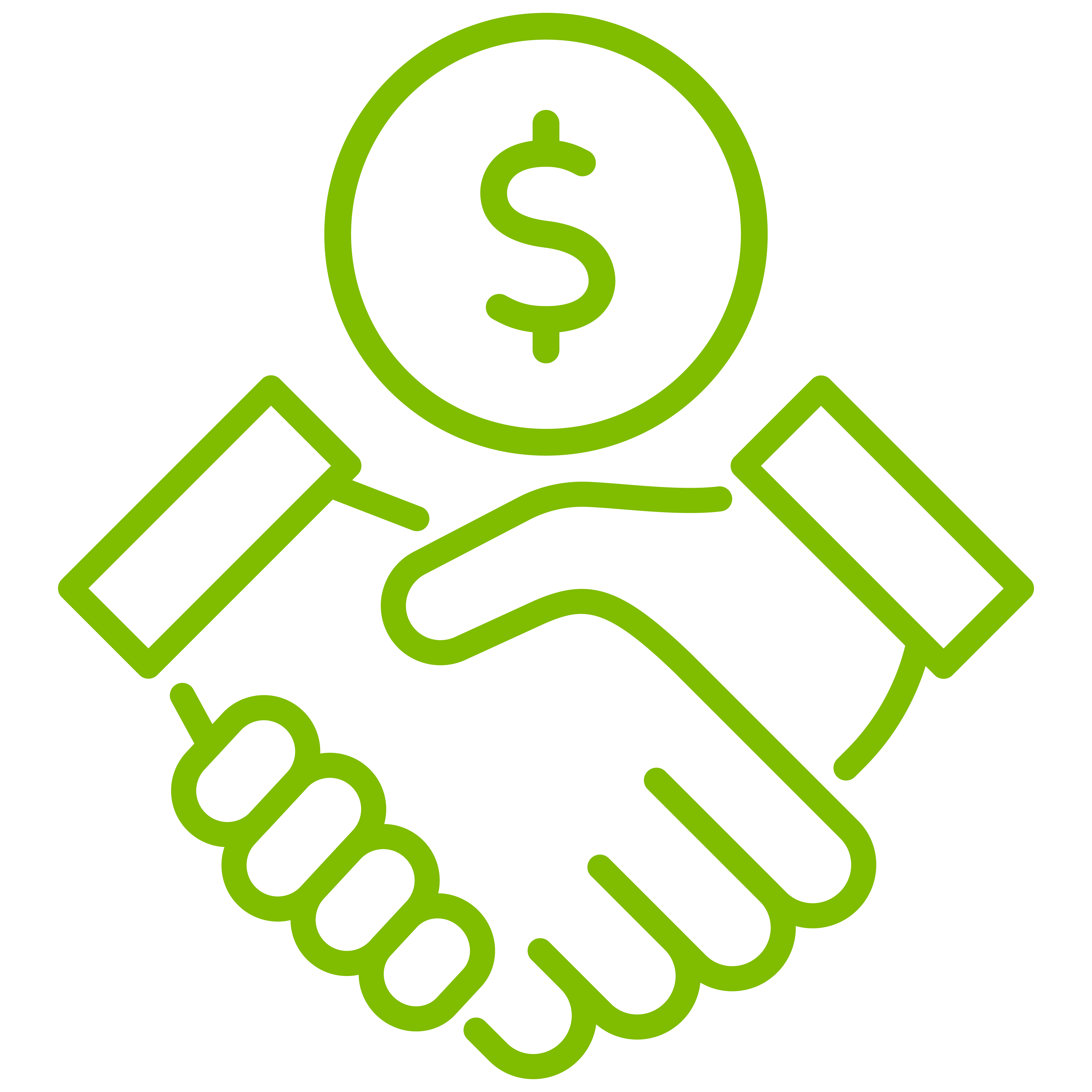 A light green icon of two hands shaking with a money sign above them in a circle